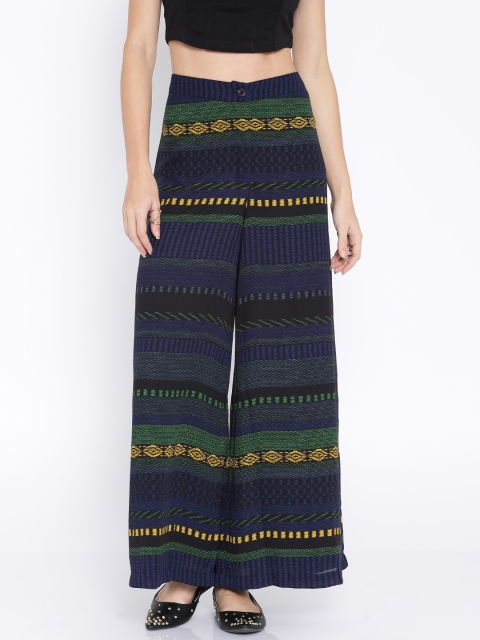 

AND Navy Printed Palazzo Trousers, Navy blue