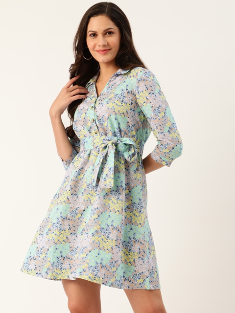 

United Colors of Benetton Women Blue Printed Linen Blend Shirt Dress & Belt