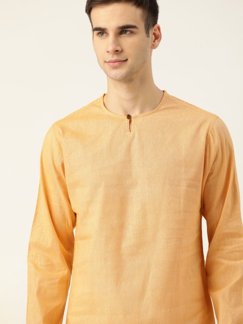 

Ode by House of Pataudi Men Beige Solid Pure Cotton Keyhole Neck Striaght Kurta