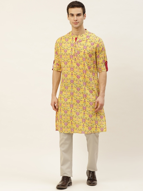 

Ode by House of Pataudi Men Mustard Yellow & Red Pure Cotton Ethnic Motifs Printed Kurta