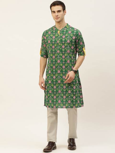 

Ode by House of Pataudi Men Green & Red Pure Cotton Ethnic Motifs Printed Kurta