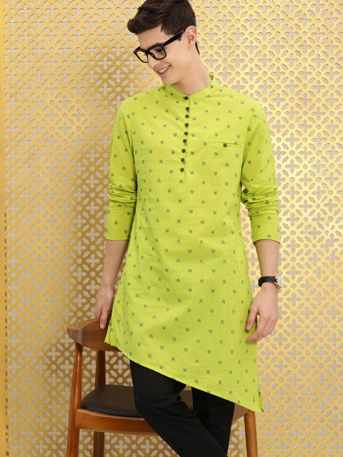

Ode by House of Pataudi Men Lime Green Geometric Printed Kurta