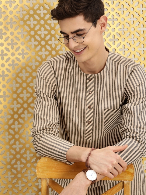 

Ode by House of Pataudi Men Beige & Brown Striped A-Line Kurta