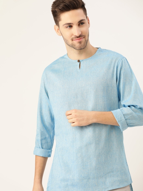 

Ode by House of Pataudi Men Blue Keyhole Neck Pure Cotton Rozana Kurta