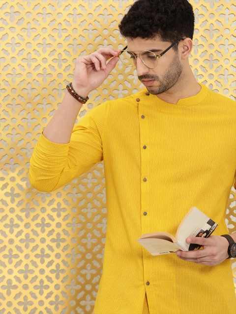 

Ode by House of Pataudi Men Yellow Cotton Striped Asymmetric Rozana Angrakha Kurta