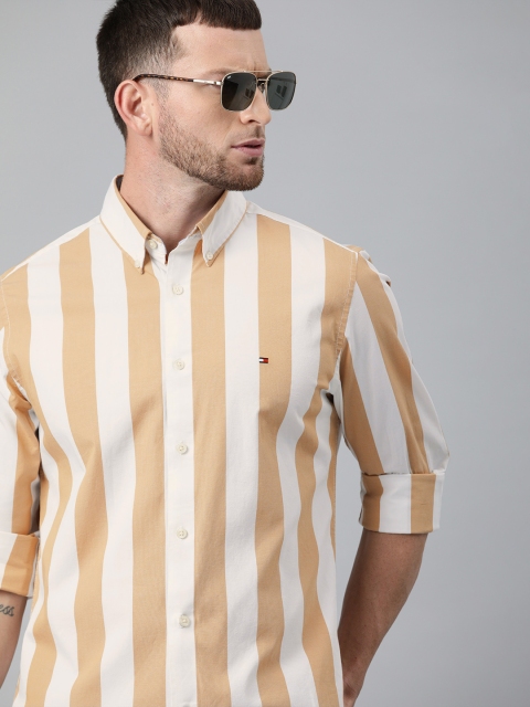 

Tommy Hilfiger Men Khaki Brown & White Slim Fit Striped Casual Shirt