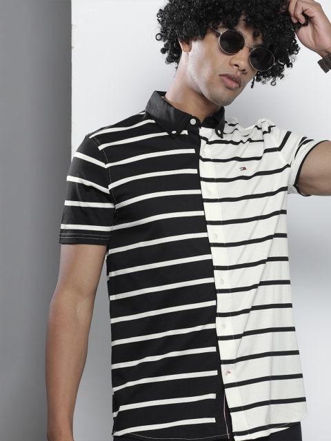 

Tommy Hilfiger Men Black & Off-White Regular Fit Striped Knitted Casual Shirt