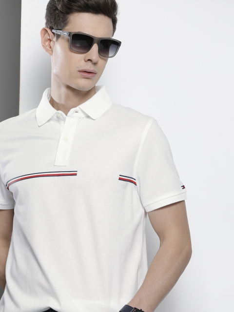 

Tommy Hilfiger Men White Striped Polo Collar Pure Cotton T-shirt