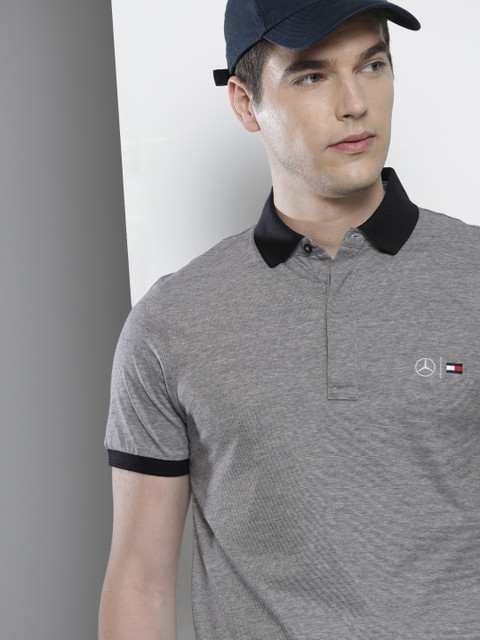 

Tommy Hilfiger Men Grey Striped Slim Fit Polo Collar Pure Cotton T-shirt