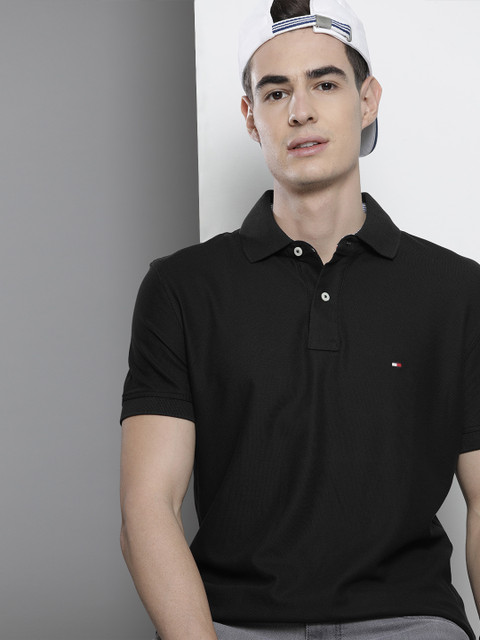 

Tommy Hilfiger Men Black Solid Polo Collar Pure Cotton T-shirt
