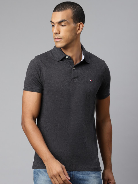 

Tommy Hilfiger Men Charcoal Grey Solid Slim Fit Polo Collar T-shirt