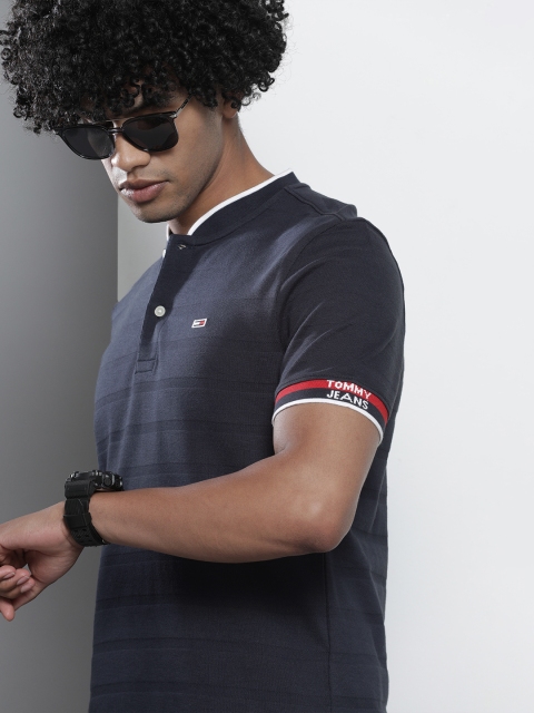 

Tommy Hilfiger Men Navy Blue Striped Mandarin Collar Pure Cotton T-shirt with Tipping Deatail