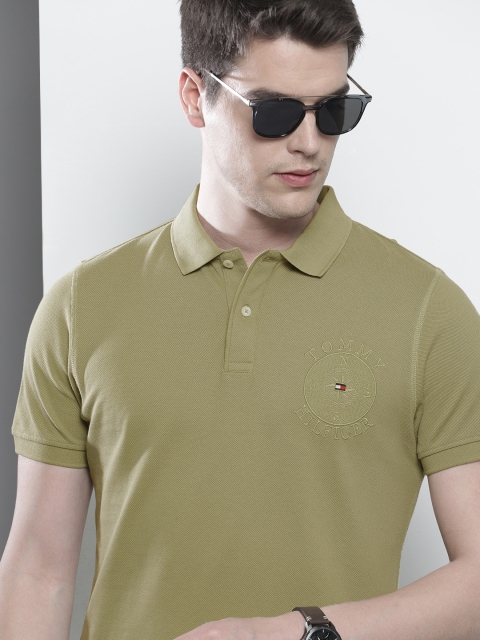 

Tommy Hilfiger Men Olive Green Slim Fit Solid Polo Collar Pure Cotton T-shirt