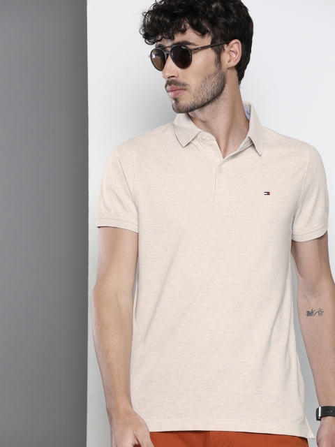 

Tommy Hilfiger Men Cream-Coloured Slim Fit Solid Polo Collar T-shirt