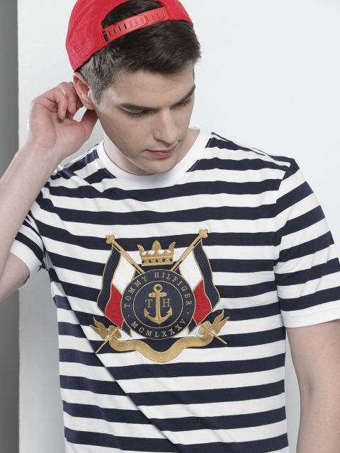 

Tommy Hilfiger Men Navy Blue White Relax Fit Striped Round Neck Pure Cotton T-shirt with Embroidery