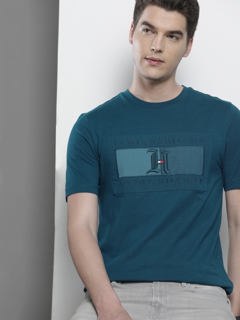 

Tommy Hilfiger Lewis Hamilton Men Teal Blue Embroidered Round Neck Pure Cotton T-shirt