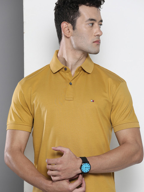 

Tommy Hilfiger Men Mustard Yellow Solid Polo Collar Pure Cotton T-shirt