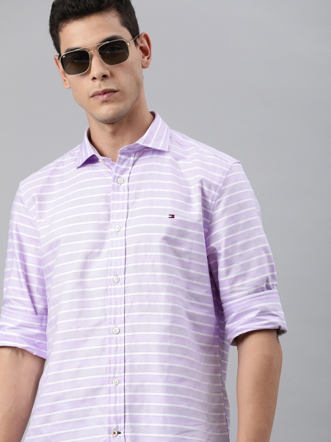 

Tommy Hilfiger Men Lavender-coloured & White Regular Fit Striped Casual Shirt