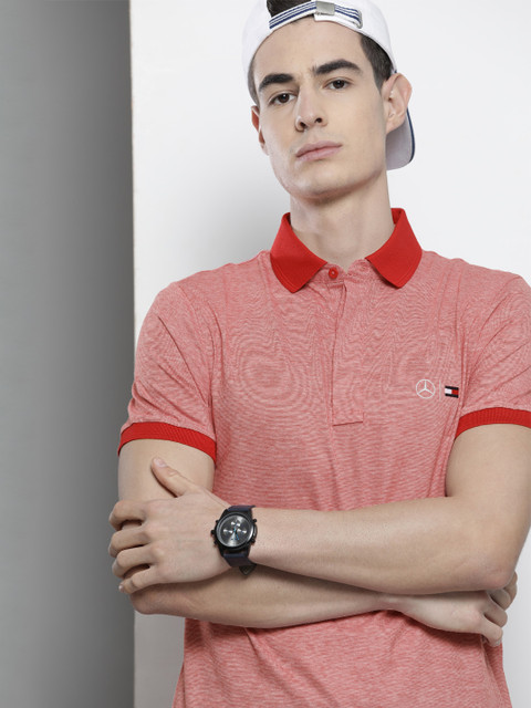

Tommy Hilfiger Men Red Striped Pure Cotton Polo Collar T-shirt