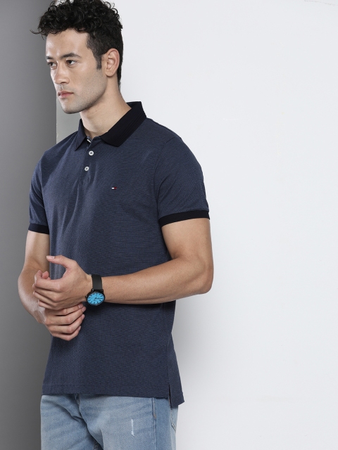 

Tommy Hilfiger Men Navy Blue Slim Fit Self Design Polo Collar Pure Cotton T-shirt