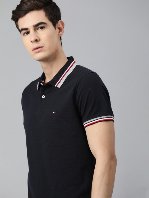 

Tommy Hilfiger Men Navy Blue Solid Polo Collar Pure Cotton T-shirt