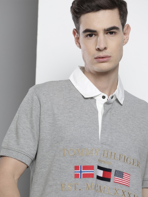 

Tommy Hilfiger Men Grey Self Design Pure Cotton Polo Collar T-shirt