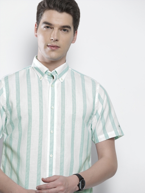 

Tommy Hilfiger Men Green & White Cotton Linen Striped Shirt