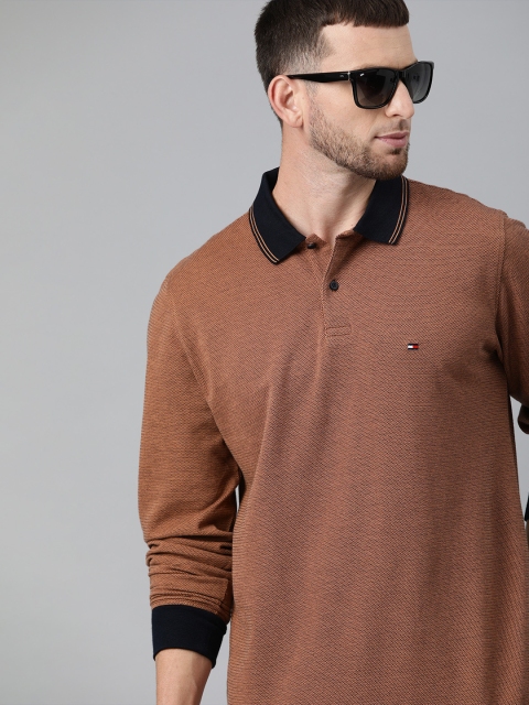 

Tommy Hilfiger Men Brown Self Design Contrast Polo Collar Pure Cotton T-shirt