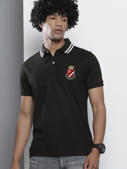 

Tommy Hilfiger Men Black Solid Polo Collar Pure Cotton T-shirt With Applique Detailing