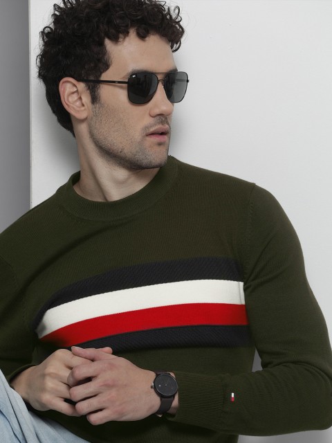 

Tommy Hilfiger Men Olive Green & White Colourblocked Pullover