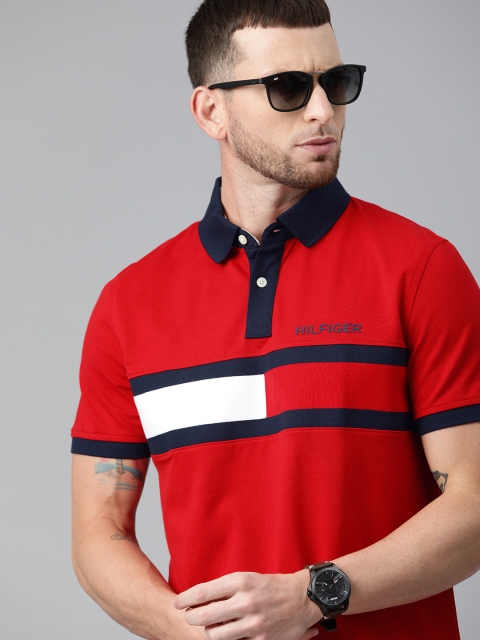 

Tommy Hilfiger Men Red Brand Logo Printed Contrast Polo Collar T-shirt