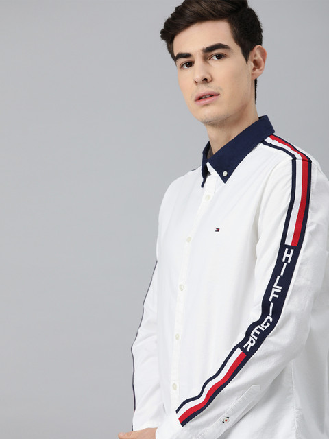 

Tommy Hilfiger Men White Slim Fit Solid Casual Shirt with Side Taping Detail
