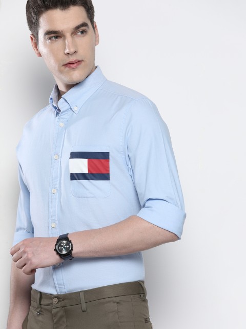 

Tommy Hilfiger Men Blue Regular Fit Solid Smart Casual Shirt with Logo Print