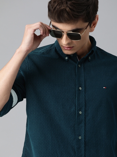 

Tommy Hilfiger Men Teal Green & White Regular Fit Printed Casual Corduroy Shirt
