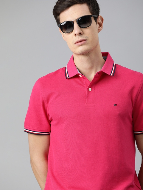 

Tommy Hilfiger Men Pink Solid Polo Collar Pure Cotton T-shirt with Tipping Detail