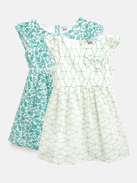 

CHUTPUT Girls Pack of 2 Green & White Printed Cotton A-Line Dresses