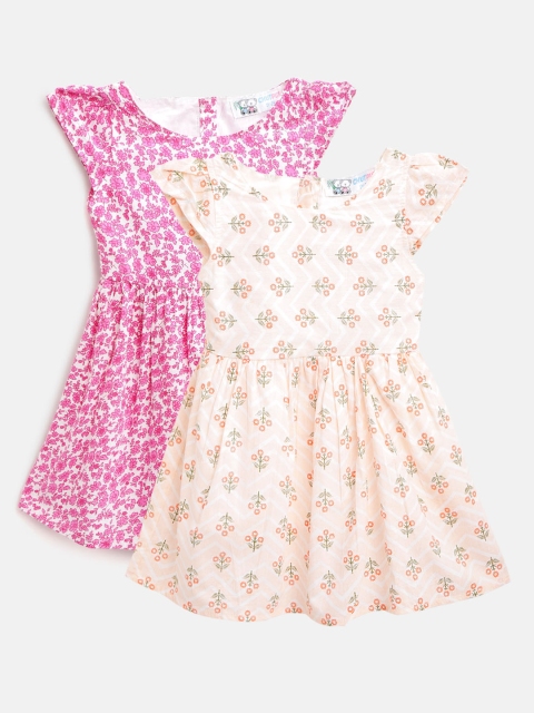 

CHUTPUT Girls Pack of 2 Floral Print Cotton A-Line Dresses, Pink