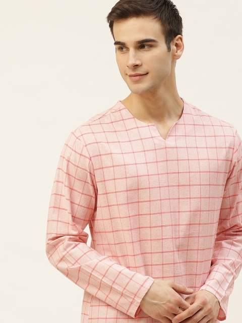 

Ode by House of Pataudi Men Pink Checked Pastels Pure Cotton Kurta