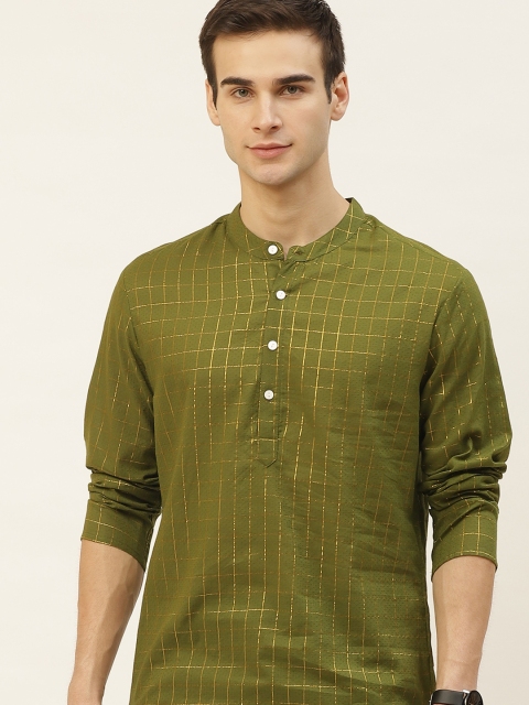 

Ode by House of Pataudi Men Olive & Golden Checked Pure Cotton Kurta