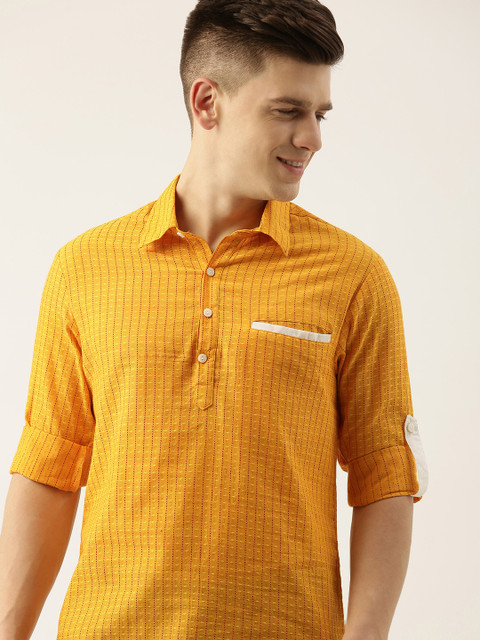 

Ode by House of Pataudi Men Mustard Yellow & Red Striped Pure Cotton Rozana Kurta