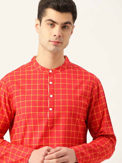 

Ode by House of Pataudi Men Red & Yellow Pure Cotton Checked Rozana Kurta
