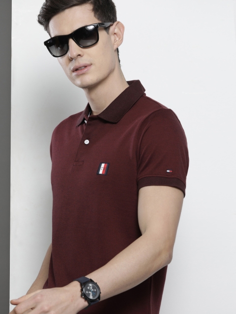 

Tommy Hilfiger Men Brown Solid Slim Fit Polo Collar Pure Cotton T-shirt with Mouline Badge