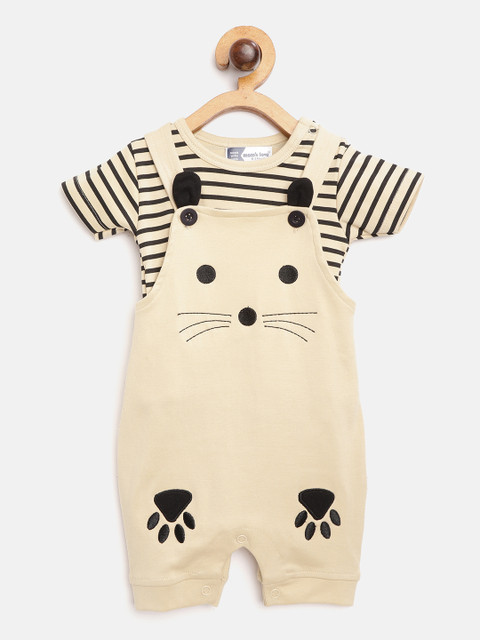

Moms Love Boys Beige & Black Striped Pure Cotton T-shirt with Dungarees