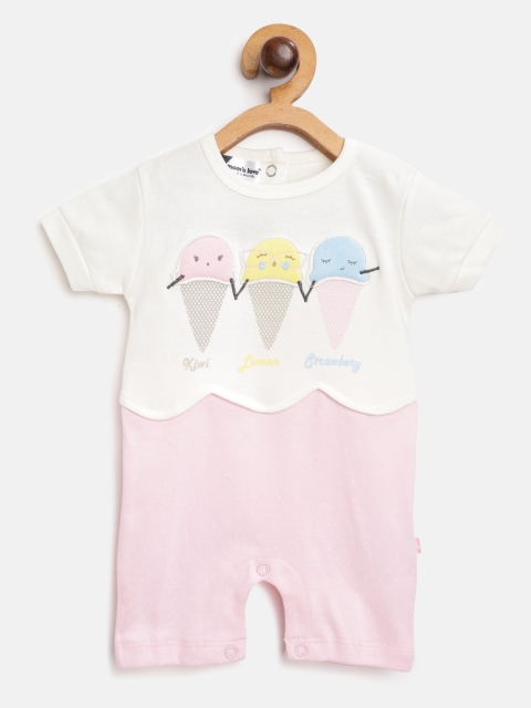 

Moms Love Infant girls White & Pink Colourblocked & Dot Print Pure Cotton Rompers