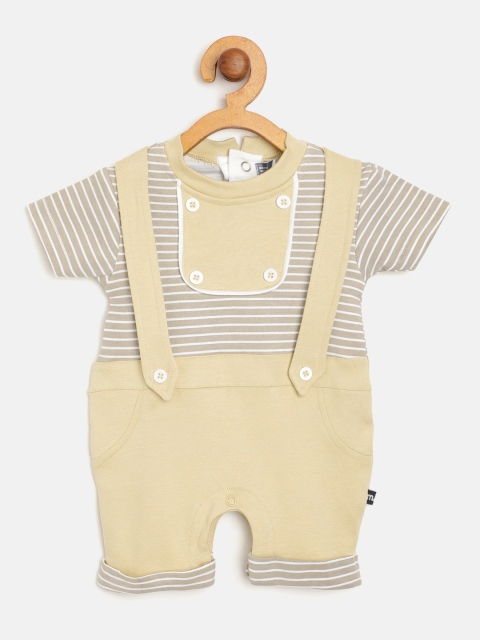 

Moms Love Infant Boys Beige & White Cotton Striped Rompers with Suspender Detail