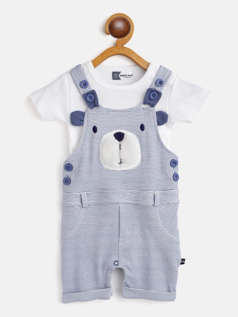 

Moms Love Infant Boys White & Blue Striped Pure Cotton Dungarees with T-shirt