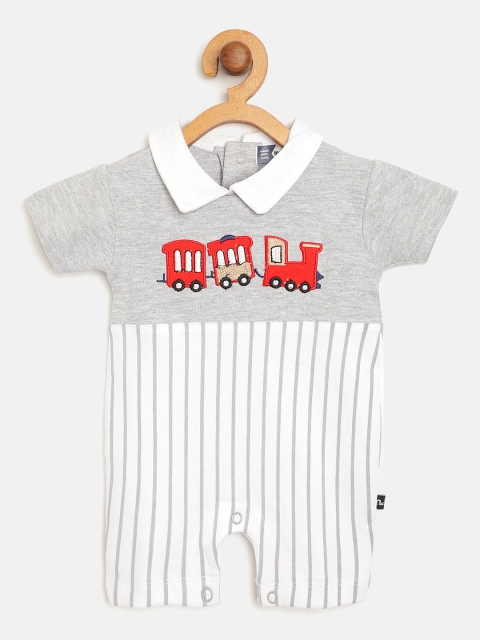 

Moms Love Infant Boys White & Grey Melange Cotton Striped Rompers with Applique Detail