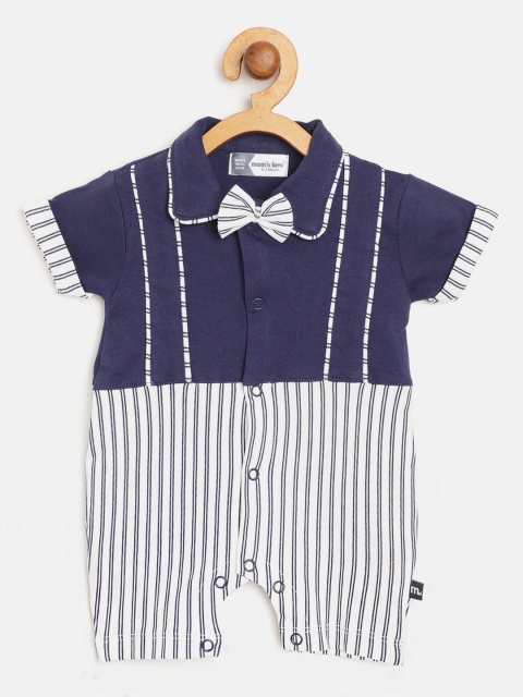 

Moms Love Infant Boys Navy & White Pure Cotton Striped Rompers with Bow Detail, Navy blue