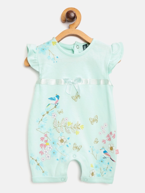 

Moms Love Infant Girls Sea Green & Pink Floral Print Pure Cotton Rompers with Bow Detail