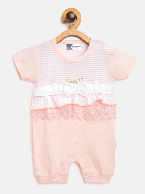

Moms Love Infant Girls Peach-Coloured & White Striped Pure Cotton Rompers